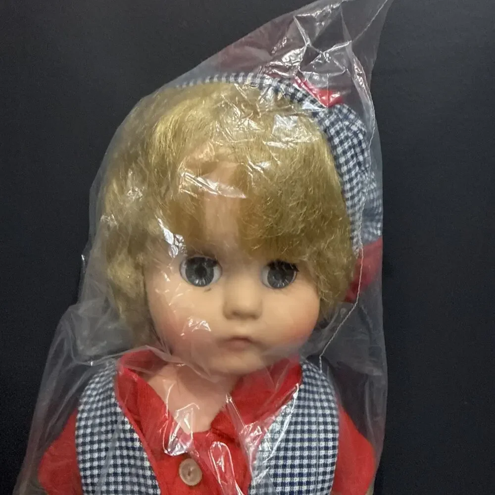 Vintage 19” Hard Plastic Blonde Girl Doll Blue Gingham Dress Red Trim *